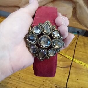 Plus Size 2X (42") Red Faux Leather Belt with Ornate Jeweled Gold Buckle